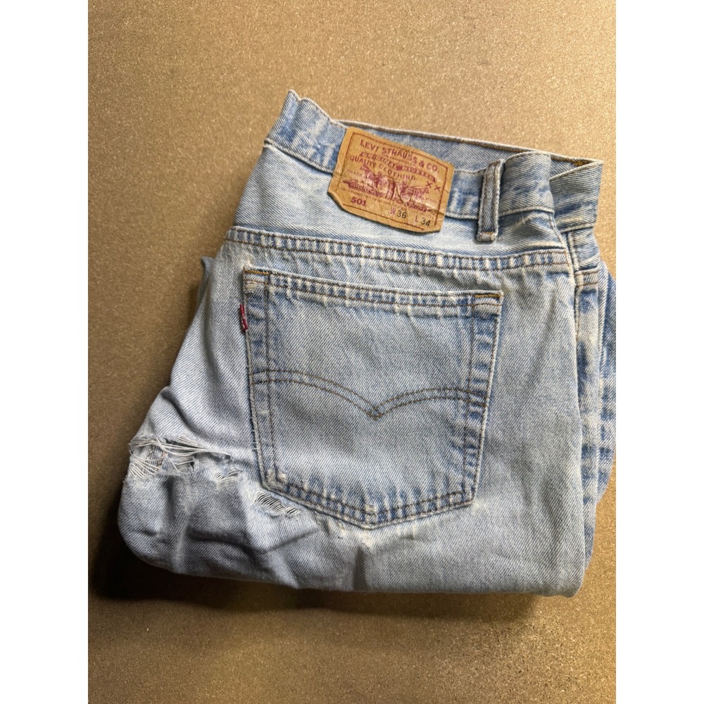 Vintage Levis 501 Light Wash Distressed Jeans‎ Made in USA 1992 36x34 Fits 35x30